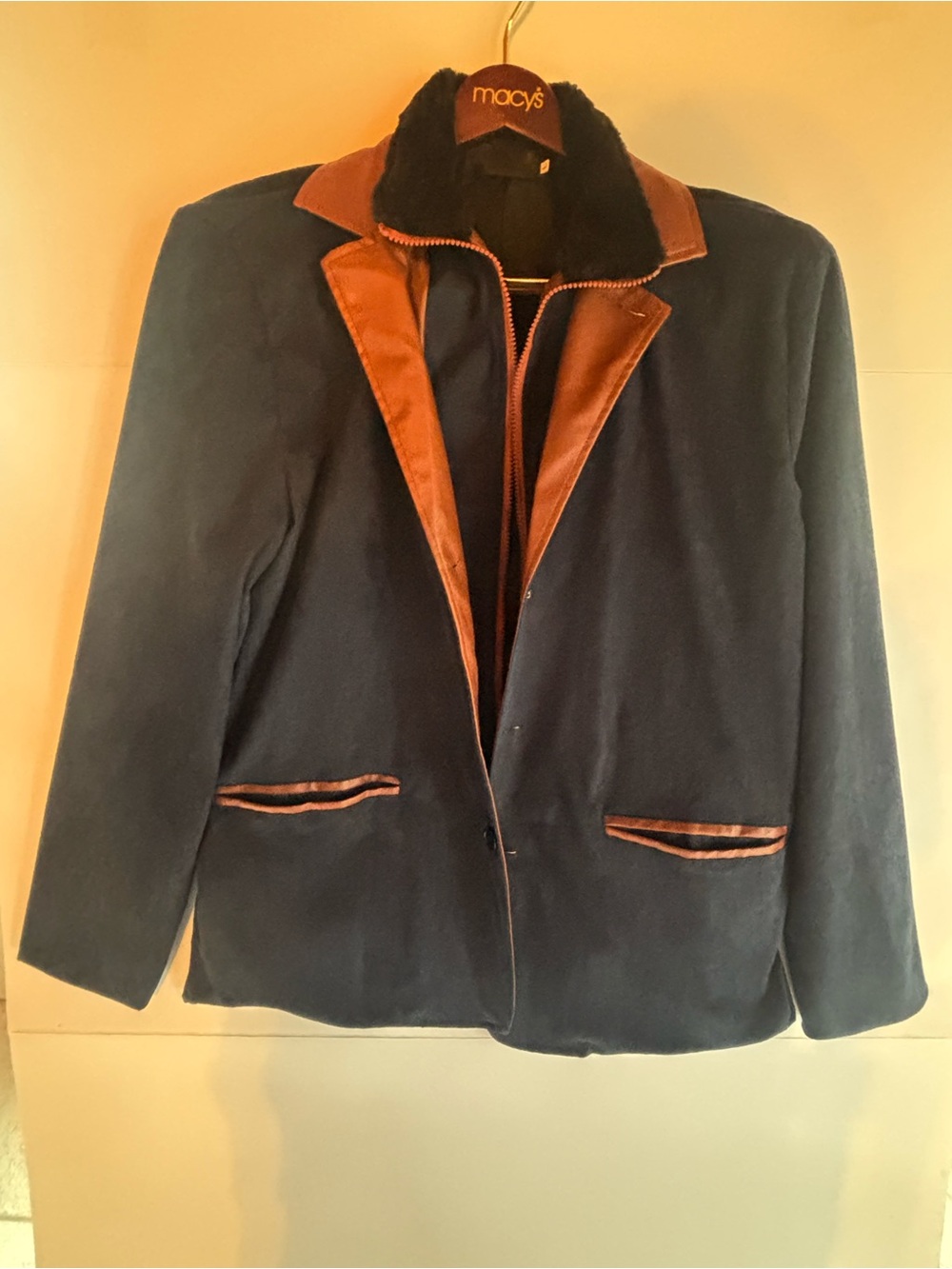 Men's Vintage Blue/Brown Jacket Faux Fur Trim Point Collar Full Zip L 40 Retro